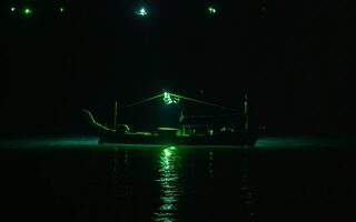 Зеленые огни кальмарных лодок в ночных водах Лангкави