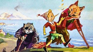 Алиса и Базилио ведут Буратино за июльским сиянием