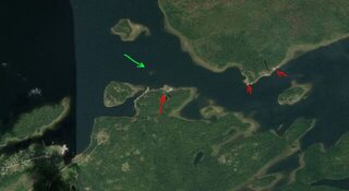 Красные отметки стоянок на спутниковой карте