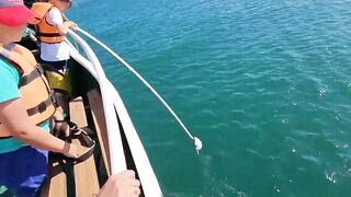 Голубая бухта. Морская рыбалка с катера у берега.