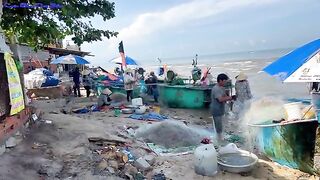 Утренняя помощь рыбакам с неводом на пляже Лонгхай во Вьетнаме