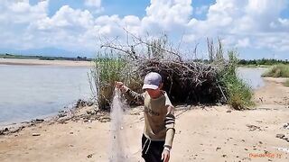 Сети на реке Ба у Туихоа первая выборка семь рыб и обед