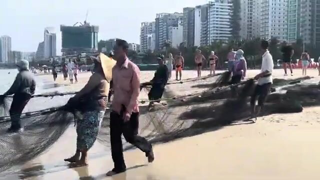 Как рыбаки вытягивают невод на пляже Микхе в Дананге: улов у берега Вьетнама