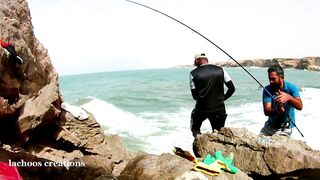 Гигантский GT Oman Salalah морская рыбалка в Индийском океане у скал и рифов Аравийского моря