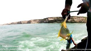 Гигантский GT Oman Salalah морская рыбалка в Индийском океане у скал и рифов Аравийского моря