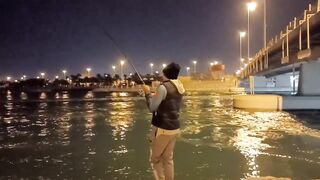 Night fishing in Bahrain ночная морская рыбалка в заливе супер клёв и яркие огни набережной