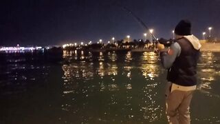 Night fishing in Bahrain ночная морская рыбалка в заливе супер клёв и яркие огни набережной
