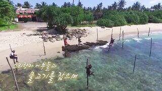 [Sri Lanka] Unawatuna stilt fishing рыбаки на сваях и волна Индийского океана у берега