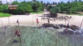 [Sri Lanka] Unawatuna stilt fishing рыбаки на сваях и волна Индийского океана у берега