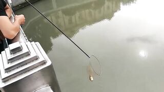 Рыбалка в центре Shanghai городские набережные парки и удивлённые прохожие вокруг рыбака