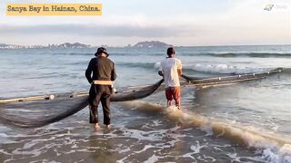 Морская рыбалка в Sanya Bay Hainan огромный улов почти в тысячу килограммов рыбы в одной сети