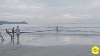 Net fishing Sri Lanka Galle Unawatuna сетями тянут рыбу на берег и делят улов