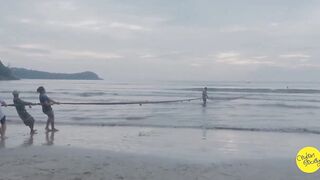 Net fishing Sri Lanka Galle Unawatuna сетями тянут рыбу на берег и делят улов