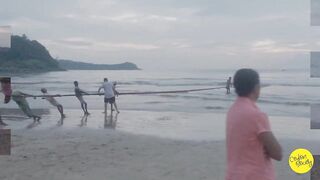 Net fishing Sri Lanka Galle Unawatuna сетями тянут рыбу на берег и делят улов