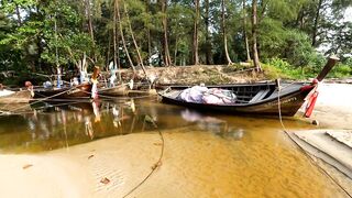 Рыбацкие лодки в устье реки у Nai Yang Phuket утро на море и подготовка к выходу