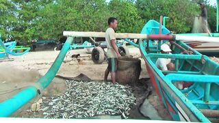 Рыбаки Jimbaran Bali живут и работают прямо на пляже от сети до вечерней рыбалки