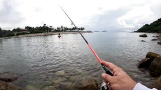 Спиннинг в Китае остров Хайнань береговая рыбалка по морскому хищнику у камней