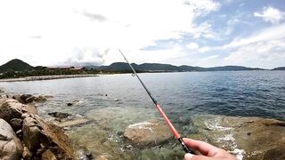 Спиннинг в Китае остров Хайнань береговая рыбалка по морскому хищнику у камней