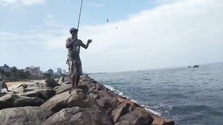Island Hook Fishing Video улов креветки и рыбы у берега Веллаватте на шумной улице Шри Ланки