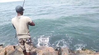 Island Hook Fishing Video улов креветки и рыбы у берега Веллаватте на шумной улице Шри Ланки