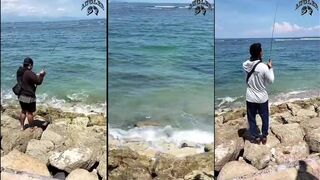 GT у берега Sanur морская рыбалка на Бали по тропическому хищнику с пирса