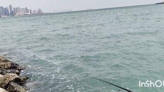 Береговая рыбалка в Катаре песчаный пляж сильный ветер и дальние забросы
