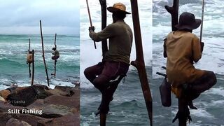 Stilt fishing в Unawatuna Sri Lanka рыбаки на сваях над волнами Индийского океана
