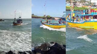 После шторма в Hikkaduwa море ревёт а деревенские рыбаки всё равно выходят