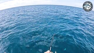 Diamond trevally тянет шнур, спиннинг гнётся дугой у берегов Khao Lak Thailand