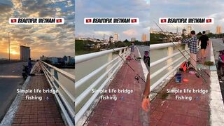 Простая жизнь во Вьетнаме рыбалка с моста в Дананге над рекой и шумным городским трафиком