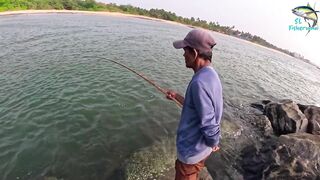 Морская рыбалка в Шри-Ланке с бамбуковой удочкой, трофейная рыба и старая школа