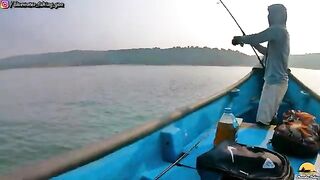 Серебристую рыбу кладут в синюю лодку у Гоа