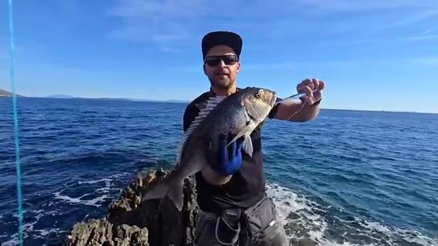Обхожу три точки под скалами Хвара, и на третьей клюёт морской окунь на 2,3 кило