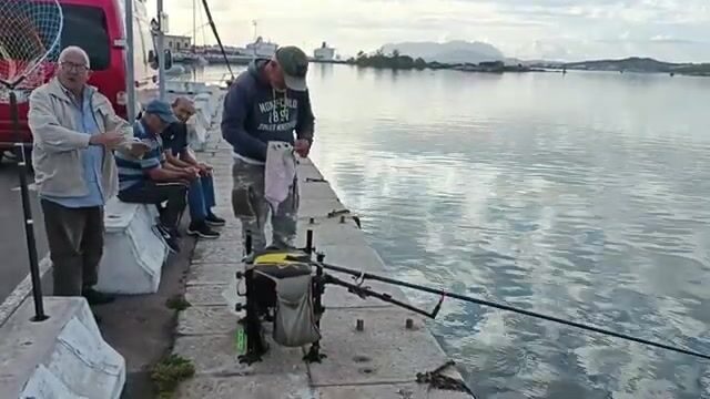 Альфредо вываживает рыбу на болонскую удочку в туристическом порту Ольбии