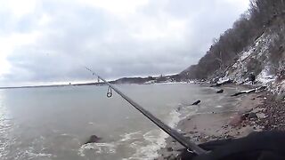 Первая кумжа на пилькер среди снега в Гдыне Орлово в Польше