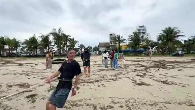 После тайфуна на пляже Микхе в Дананге местные снова тянут невод